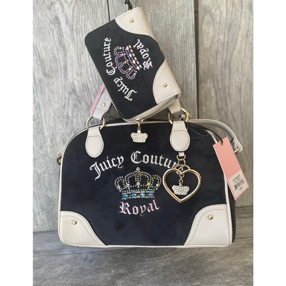 Juicy Couture kingdom Purse & Wallet Set Embroidered Black Velour - Picture 9 of 9